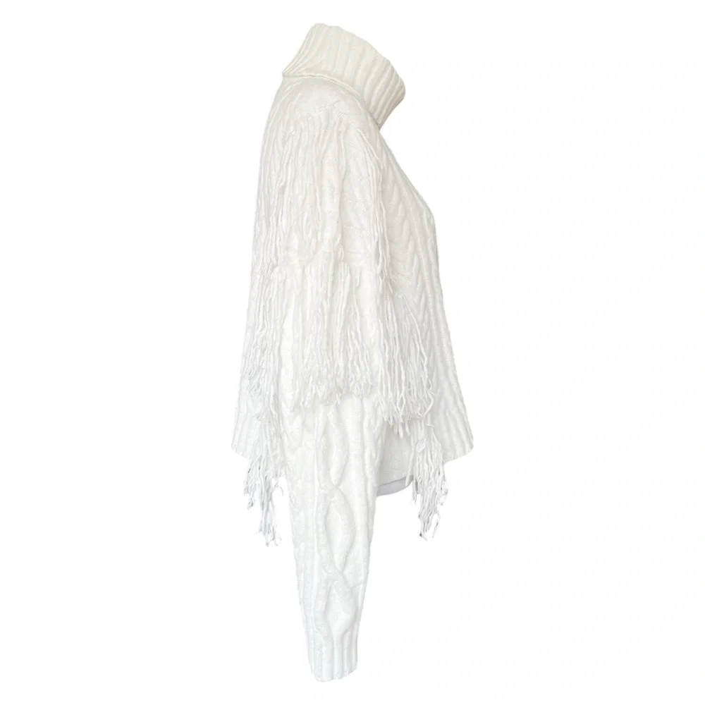 Ronny Kobo Maram Fringed Cableknit Turtleneck Sweater Women’s XL - Picture 8 of 11